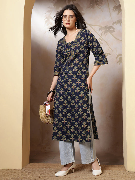 Blue Printed Straight Kurta with Three Quarter Sleeves | LASVINI - Redefining Indian Fashion with Elegance