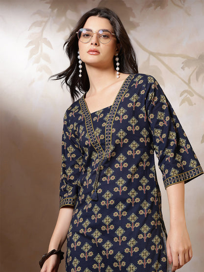 Blue Printed Straight Kurta with Three Quarter Sleeves | LASVINI - Redefining Indian Fashion with Elegance