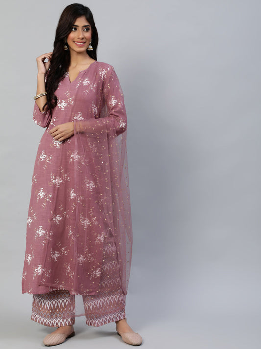 Women Pink Straight Kurta With Plazo & Sequened Dupatta | LASVINI - Redefining Indian Fashion with Elegance