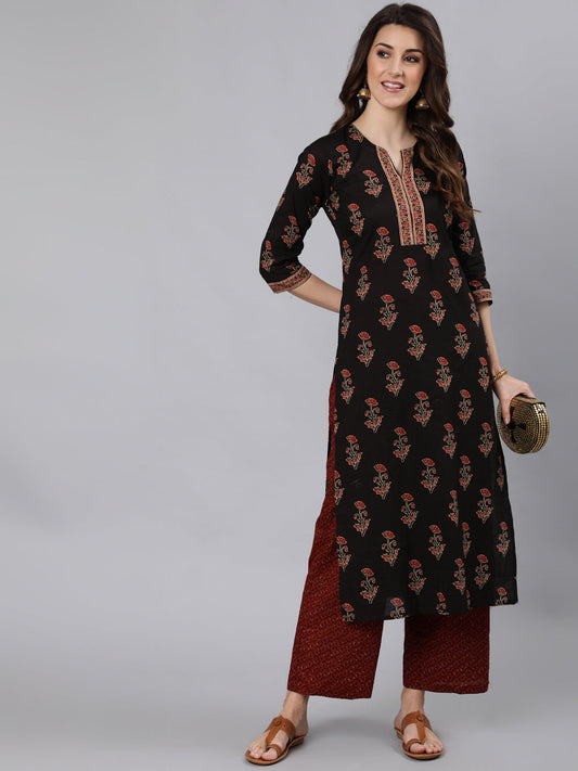 Women Black Ethnic Printed Straight Kurta With One Side Pocket | LASVINI - Redefining Indian Fashion with Elegance