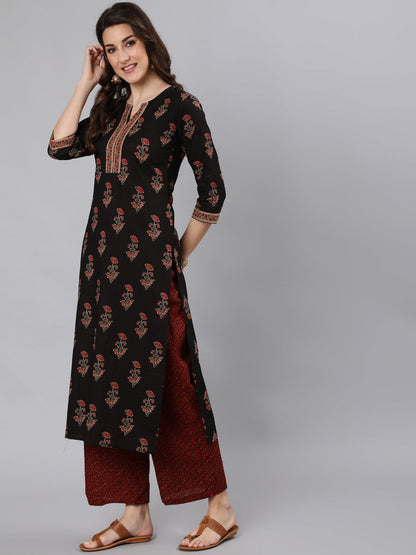 Women Black Ethnic Printed Straight Kurta With One Side Pocket | LASVINI - Redefining Indian Fashion with Elegance