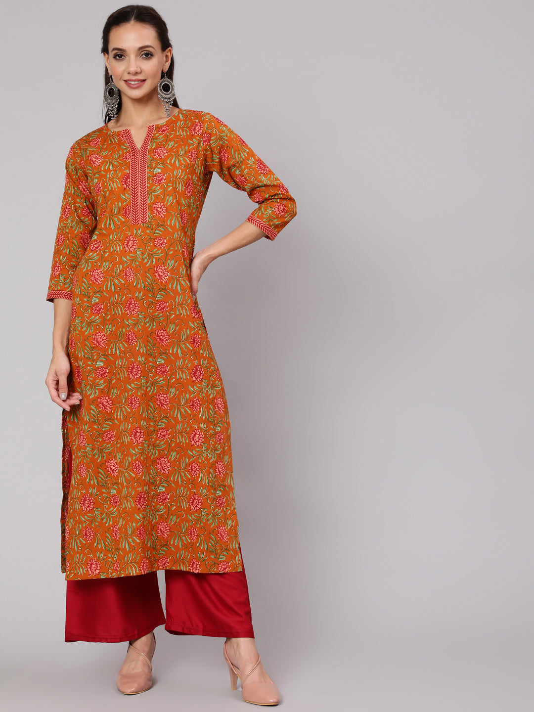 Women Mustard Floral Printed Straight Kurta With Three Quarter Sleeves | LASVINI - Redefining Indian Fashion with Elegance