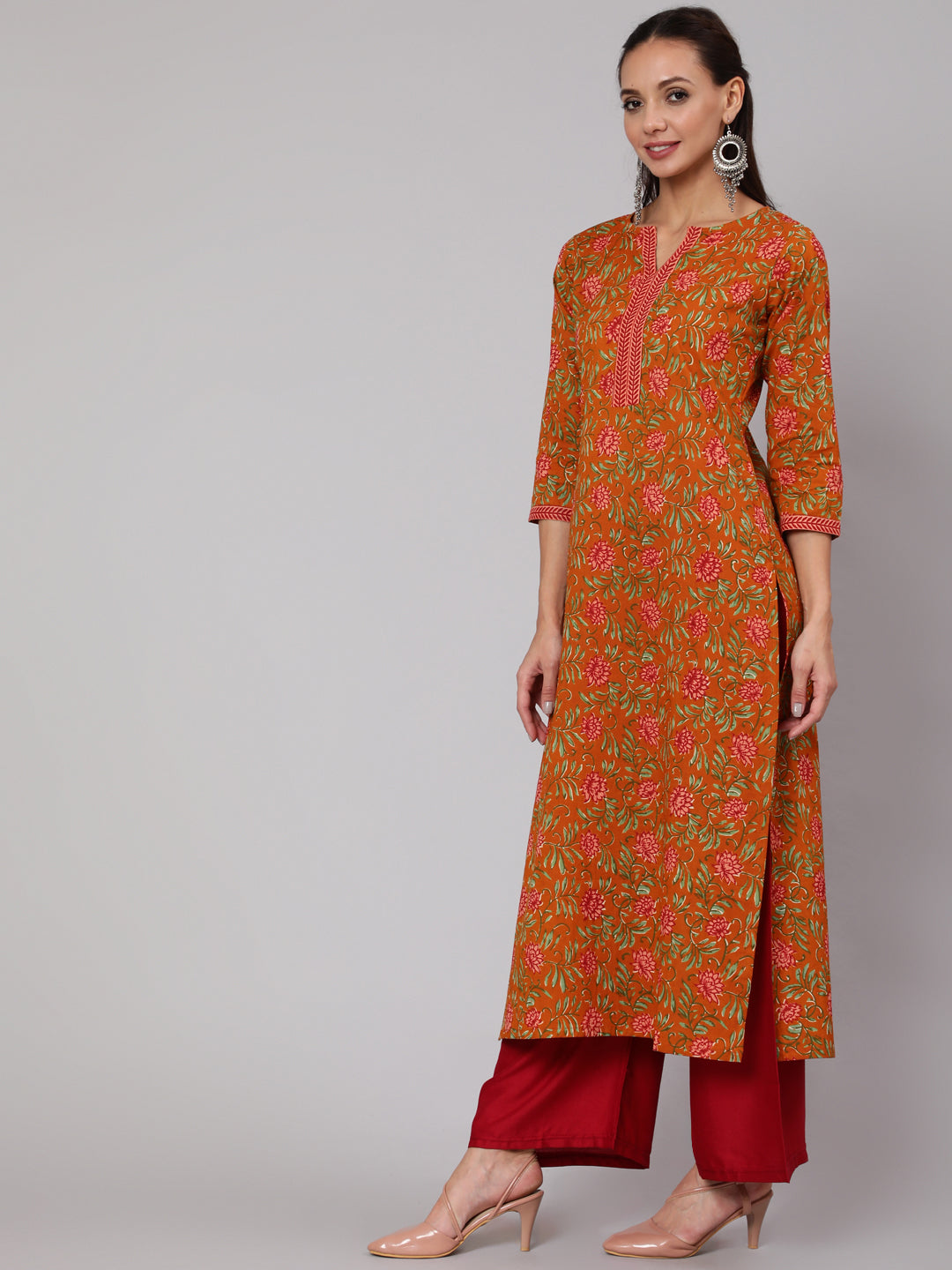 Women Mustard Floral Printed Straight Kurta With Three Quarter Sleeves | LASVINI - Redefining Indian Fashion with Elegance