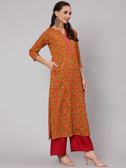 Women Mustard Floral Printed Straight Kurta With Three Quarter Sleeves | LASVINI - Redefining Indian Fashion with Elegance