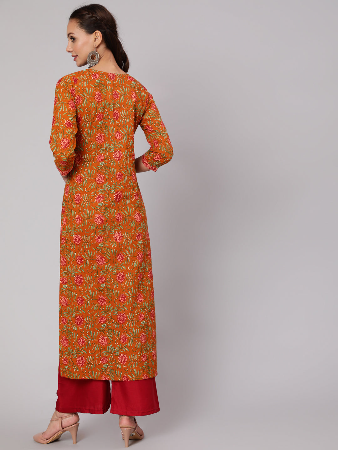 Women Mustard Floral Printed Straight Kurta With Three Quarter Sleeves | LASVINI - Redefining Indian Fashion with Elegance