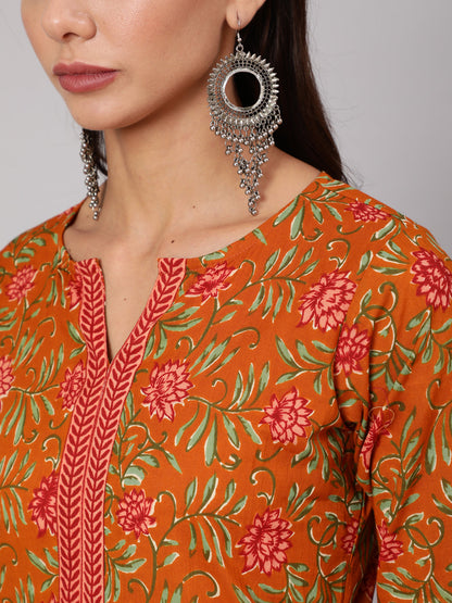 Women Mustard Floral Printed Straight Kurta With Three Quarter Sleeves | LASVINI - Redefining Indian Fashion with Elegance