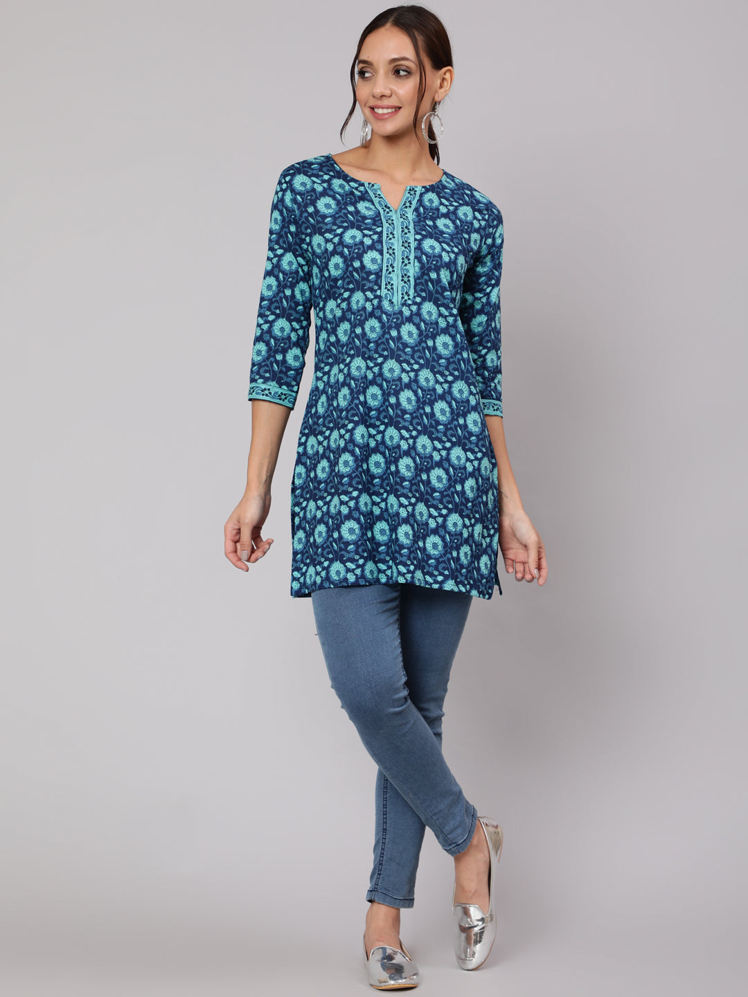 Women Blue Floral Printed Straight Tunic With Three Quarter Sleeves | LASVINI - Redefining Indian Fashion with Elegance