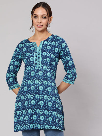 Women Blue Floral Printed Straight Tunic With Three Quarter Sleeves | LASVINI - Redefining Indian Fashion with Elegance