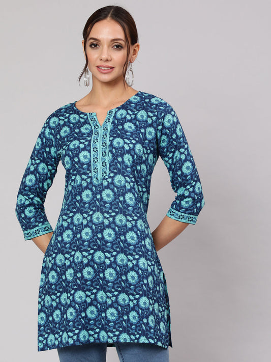 Women Blue Floral Printed Straight Tunic With Three Quarter Sleeves | LASVINI - Redefining Indian Fashion with Elegance