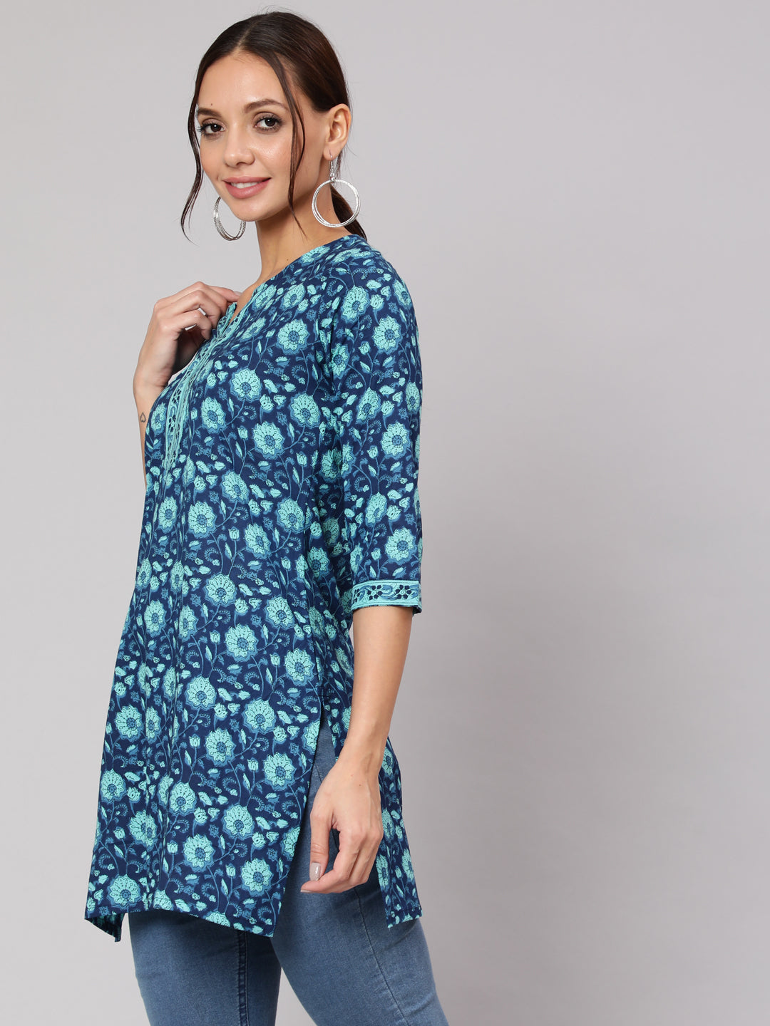 Women Blue Floral Printed Straight Tunic With Three Quarter Sleeves | LASVINI - Redefining Indian Fashion with Elegance