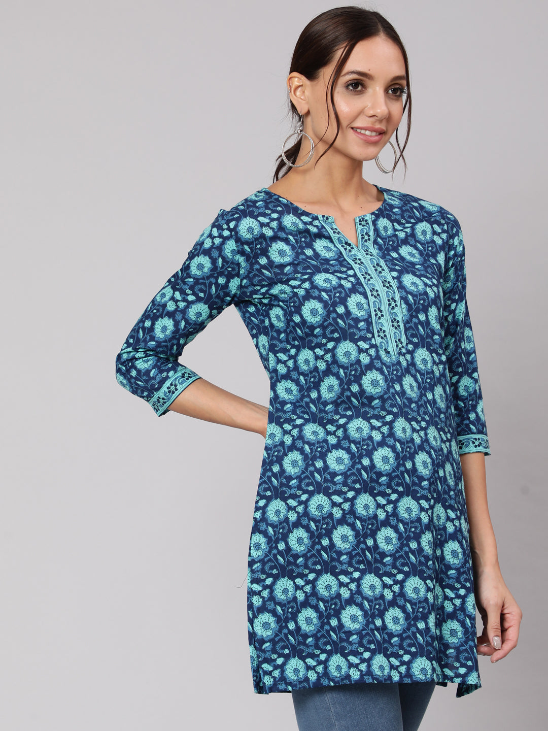 Women Blue Floral Printed Straight Tunic With Three Quarter Sleeves | LASVINI - Redefining Indian Fashion with Elegance