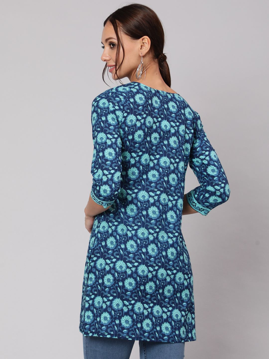 Women Blue Floral Printed Straight Tunic With Three Quarter Sleeves | LASVINI - Redefining Indian Fashion with Elegance