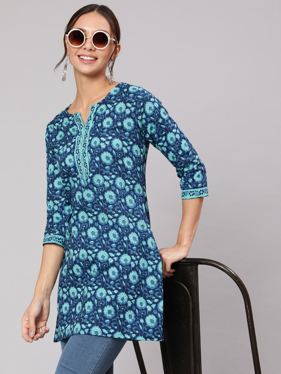 Women Blue Floral Printed Straight Tunic With Three Quarter Sleeves | LASVINI - Redefining Indian Fashion with Elegance