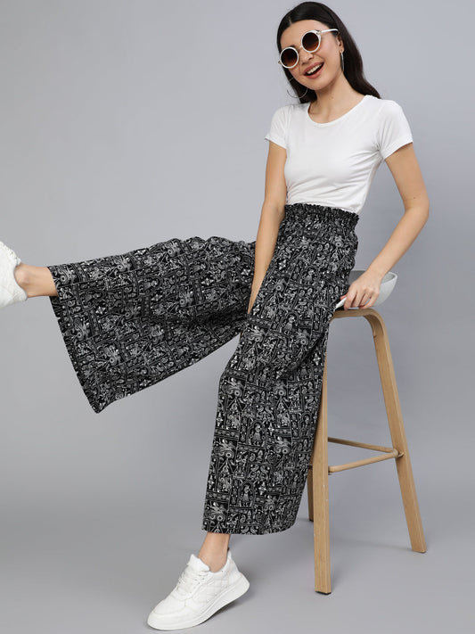 Women Black Printed Wide Legged Printed Plazo With Side Pockets | LASVINI - Redefining Indian Fashion with Elegance