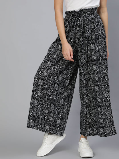 Women Black Printed Wide Legged Printed Plazo With Side Pockets | LASVINI - Redefining Indian Fashion with Elegance