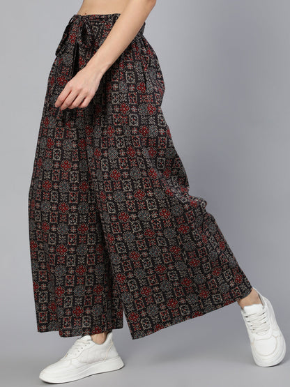 Women Black Wide Legged Printed Plazo With Side Pockets | LASVINI - Redefining Indian Fashion with Elegance