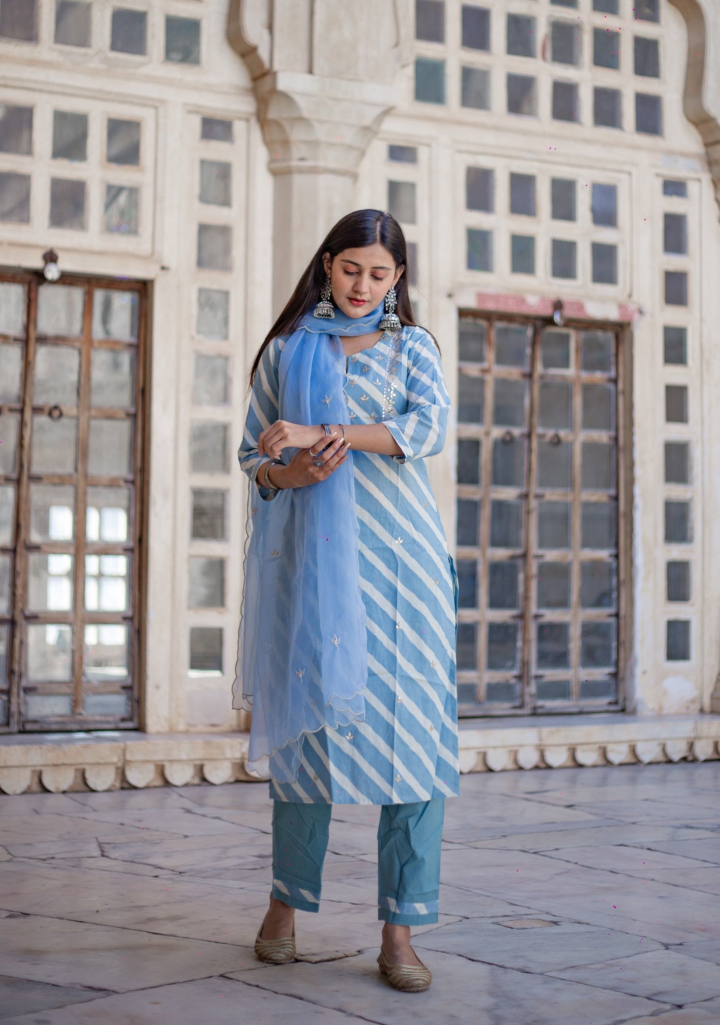 Sky Blue Leheriya Cotton Kurta Pant Set With Organza Dupatta | LASVINI - Redefining Indian Fashion with Elegance