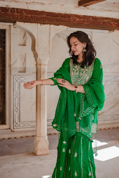 Dark Green Russian Silk Hand Embroidery Kurta Sharara With Organza Dupatta | LASVINI - Redefining Indian Fashion with Elegance