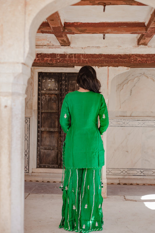 Dark Green Russian Silk Hand Embroidery Kurta Sharara With Organza Dupatta | LASVINI - Redefining Indian Fashion with Elegance