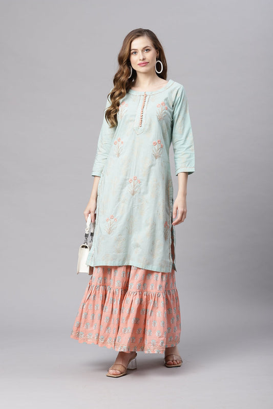 Women'S Sea Green & Peach Cotton Kurta Sharara Set | LASVINI - Redefining Indian Fashion with Elegance