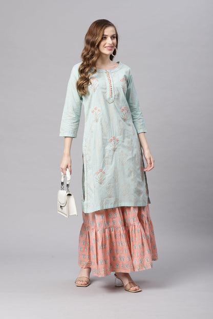 Women'S Sea Green & Peach Cotton Kurta Sharara Set | LASVINI - Redefining Indian Fashion with Elegance