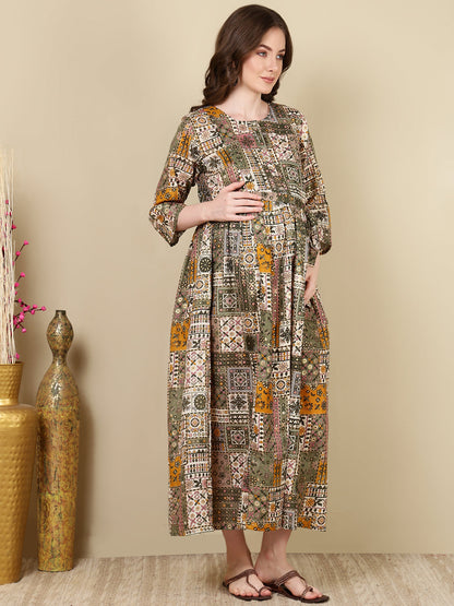 Women Multi Printed Flared Maternity Dress | LASVINI - Redefining Indian Fashion with Elegance