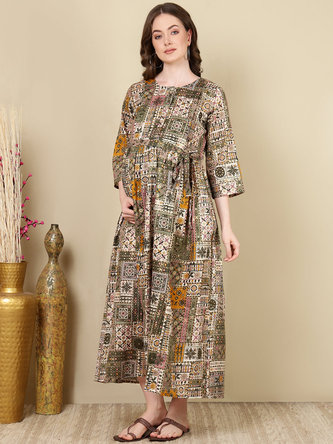 Women Multi Printed Flared Maternity Dress | LASVINI - Redefining Indian Fashion with Elegance