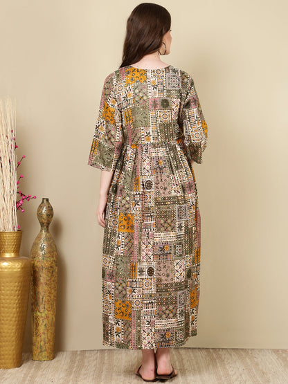 Women Multi Printed Flared Maternity Dress | LASVINI - Redefining Indian Fashion with Elegance