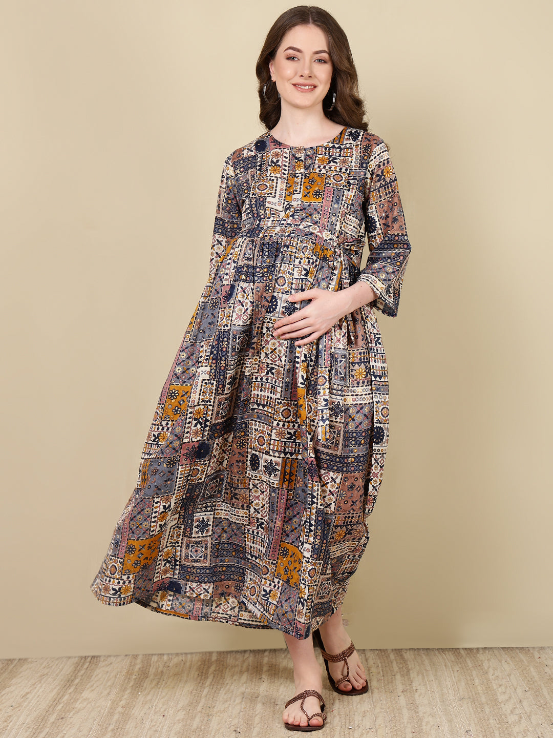 Women Multi Printed Flared Maternity Dress | LASVINI - Redefining Indian Fashion with Elegance
