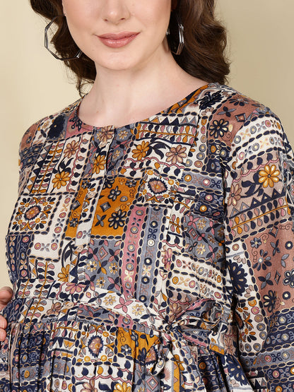 Women Multi Printed Flared Maternity Dress | LASVINI - Redefining Indian Fashion with Elegance