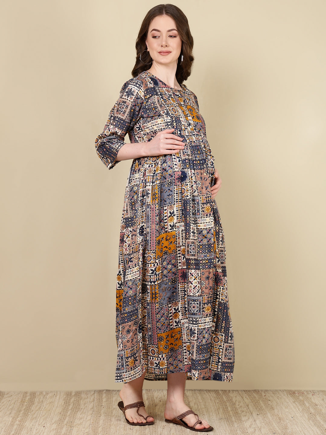 Women Multi Printed Flared Maternity Dress | LASVINI - Redefining Indian Fashion with Elegance
