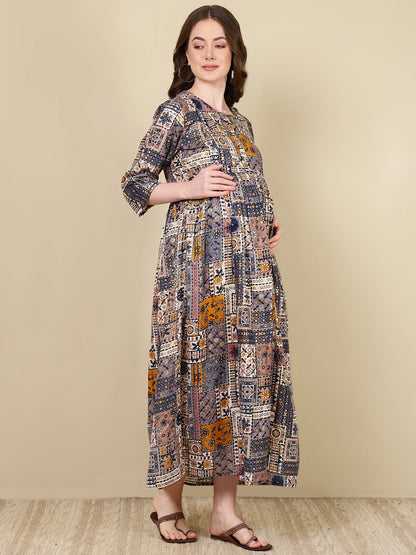 Women Multi Printed Flared Maternity Dress | LASVINI - Redefining Indian Fashion with Elegance
