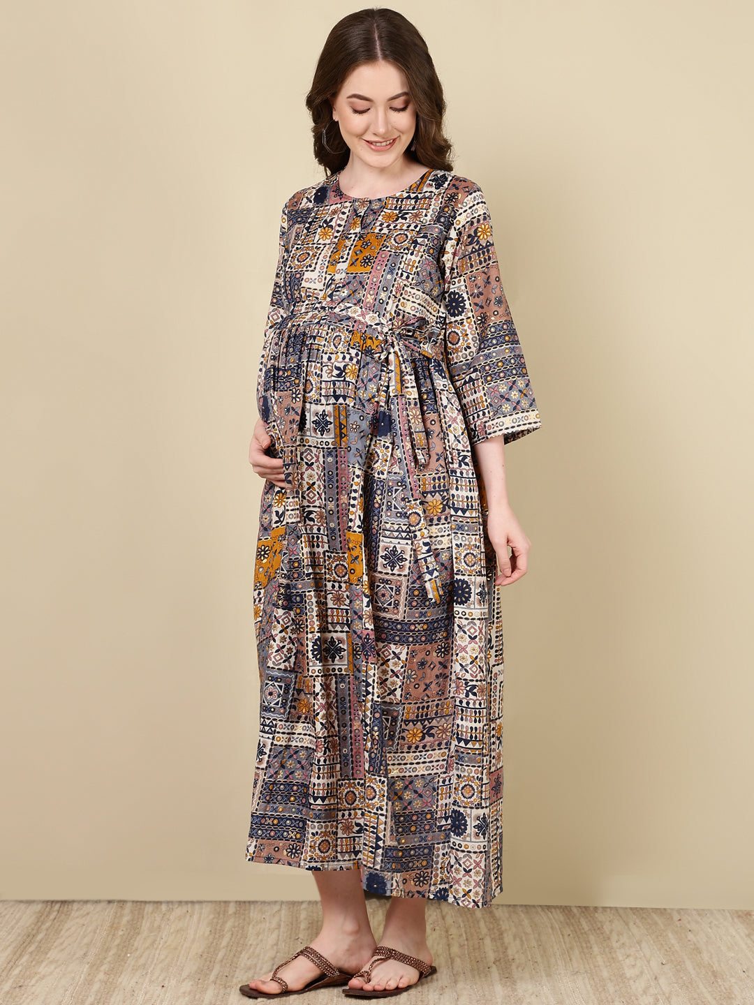 Women Multi Printed Flared Maternity Dress | LASVINI - Redefining Indian Fashion with Elegance