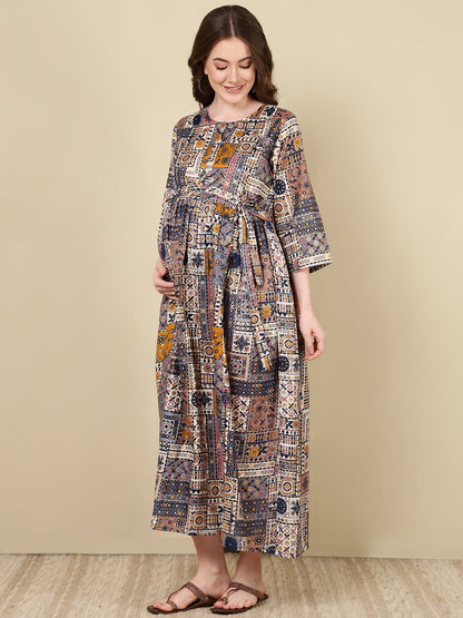Women Multi Printed Flared Maternity Dress | LASVINI - Redefining Indian Fashion with Elegance