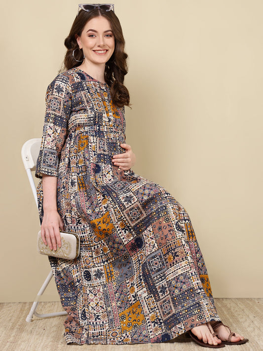 Women Multi Printed Flared Maternity Dress | LASVINI - Redefining Indian Fashion with Elegance