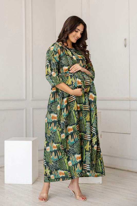 Women Green Printed Flared Maternity Dress | LASVINI - Redefining Indian Fashion with Elegance