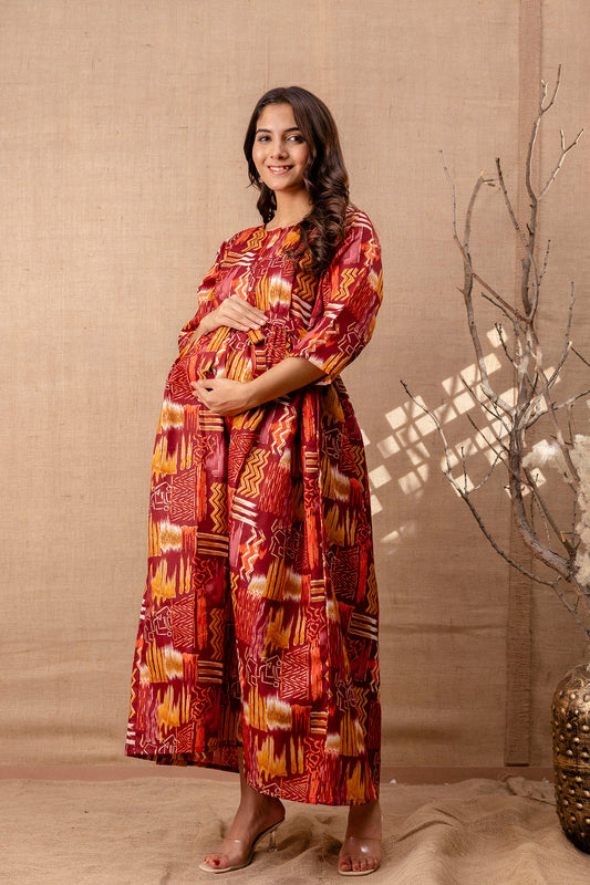 Women Maroon Printed Flared Maternity Dress | LASVINI - Redefining Indian Fashion with Elegance