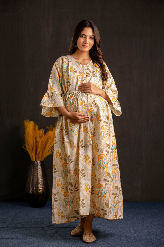 Women Off White Printed Flared Maternity Dress | LASVINI - Redefining Indian Fashion with Elegance