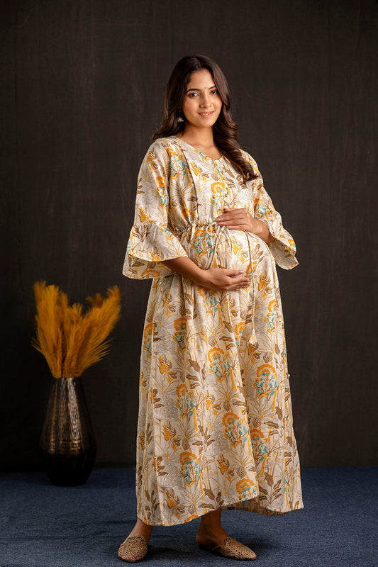 Women Off White Printed Flared Maternity Dress | LASVINI - Redefining Indian Fashion with Elegance