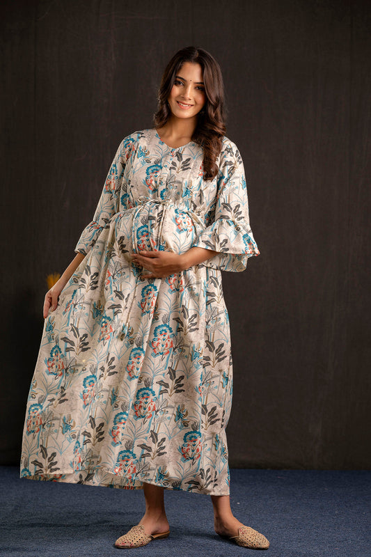 Women Off White Printed Flared Maternity Dress | LASVINI - Redefining Indian Fashion with Elegance