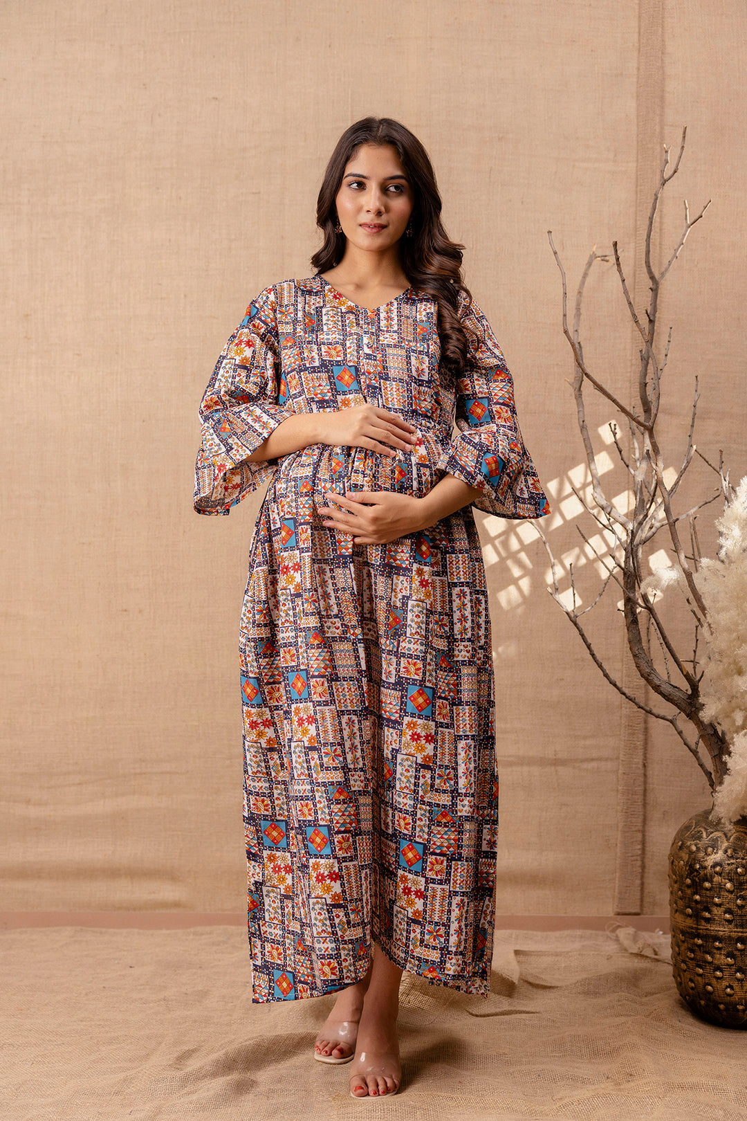Women Multi Printed Flared Maternity Dress | LASVINI - Redefining Indian Fashion with Elegance