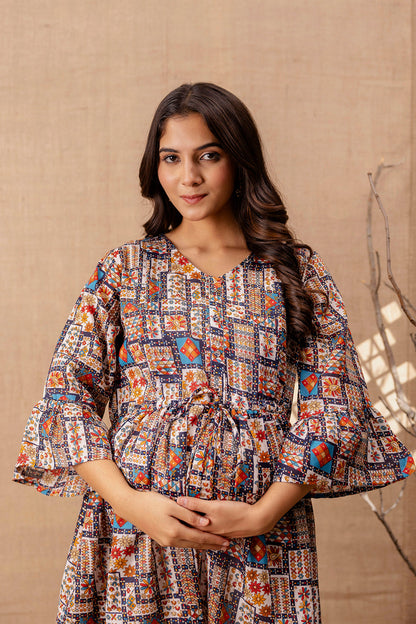Women Multi Printed Flared Maternity Dress | LASVINI - Redefining Indian Fashion with Elegance