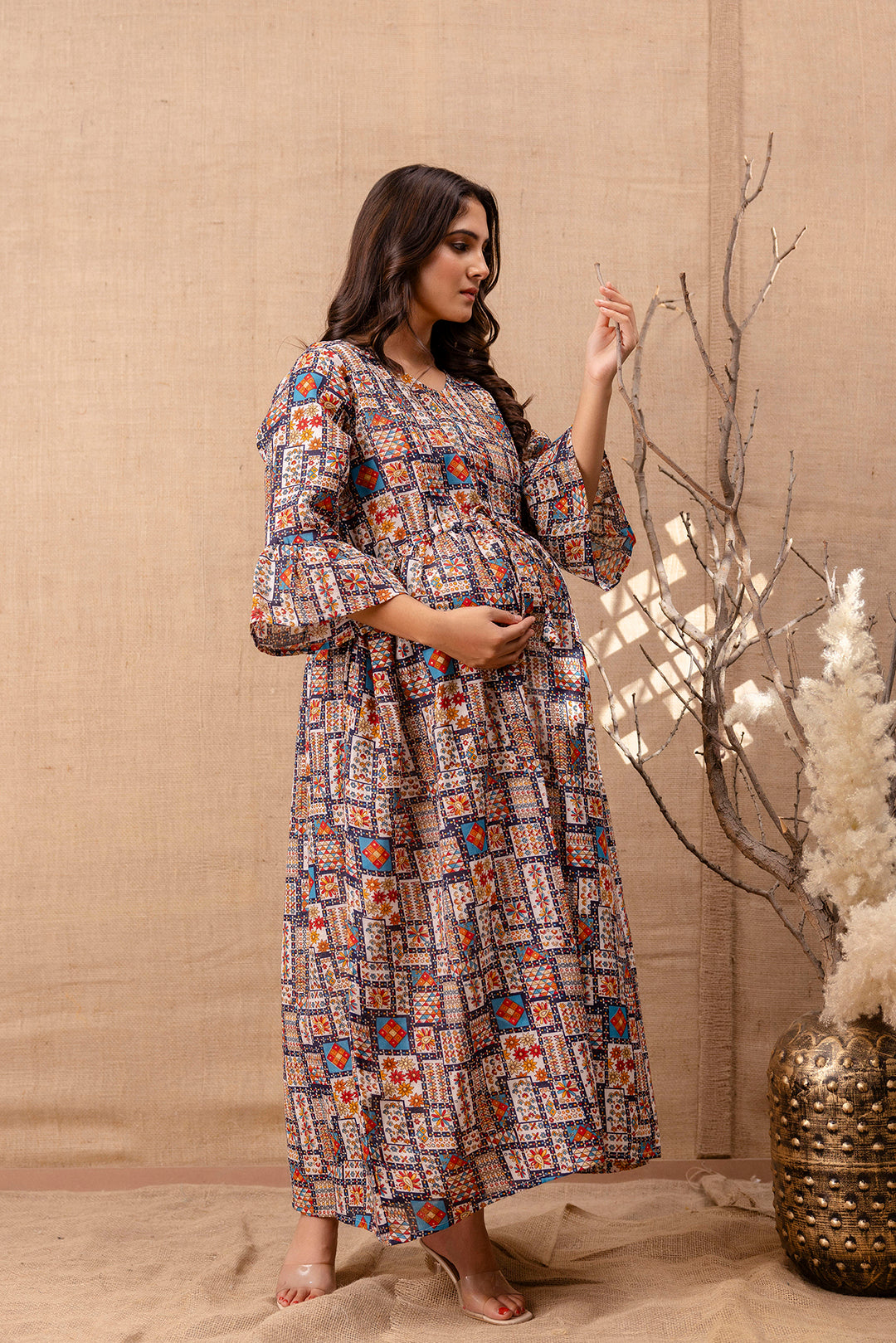 Women Multi Printed Flared Maternity Dress | LASVINI - Redefining Indian Fashion with Elegance