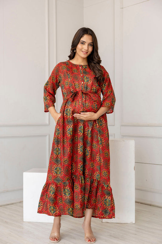 Women Maroon Printed Flared Maternity Dress | LASVINI - Redefining Indian Fashion with Elegance