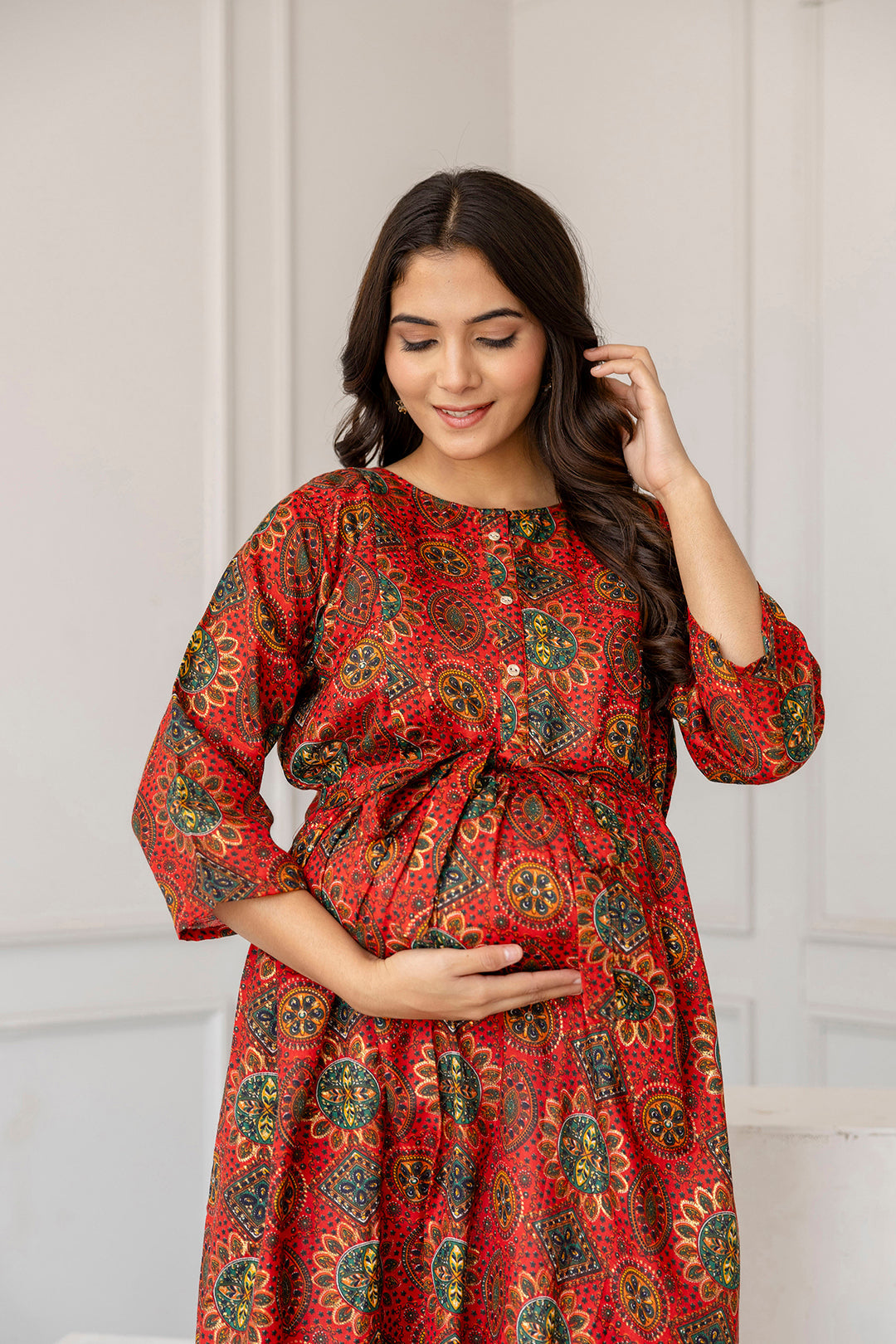 Women Maroon Printed Flared Maternity Dress | LASVINI - Redefining Indian Fashion with Elegance