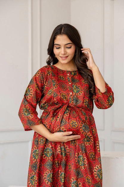 Women Maroon Printed Flared Maternity Dress | LASVINI - Redefining Indian Fashion with Elegance