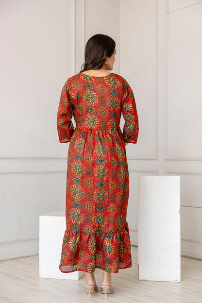 Women Maroon Printed Flared Maternity Dress | LASVINI - Redefining Indian Fashion with Elegance