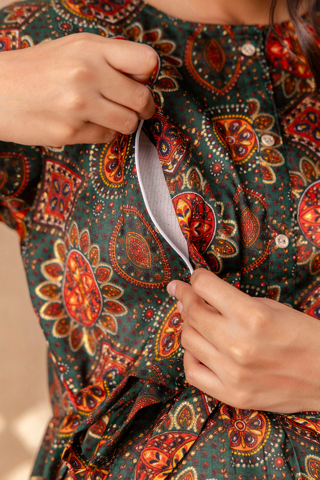 Women Green Printed Flared Maternity Dress | LASVINI - Redefining Indian Fashion with Elegance