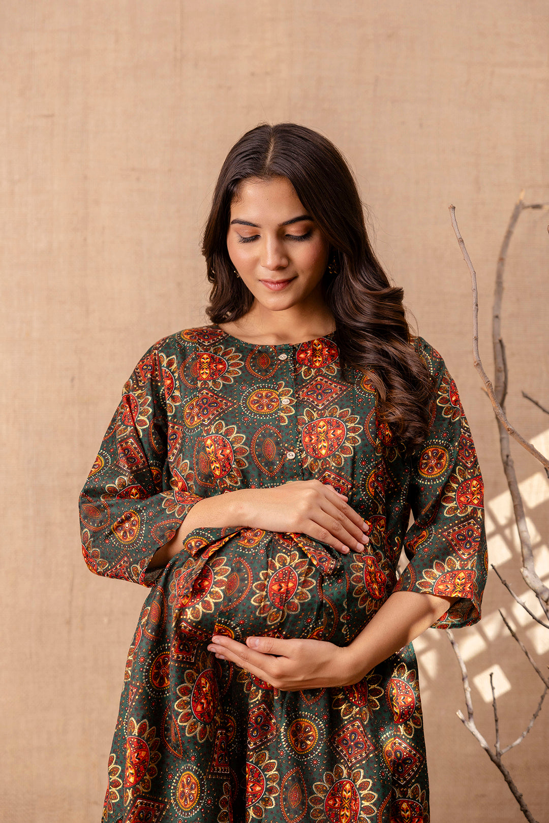 Women Green Printed Flared Maternity Dress | LASVINI - Redefining Indian Fashion with Elegance