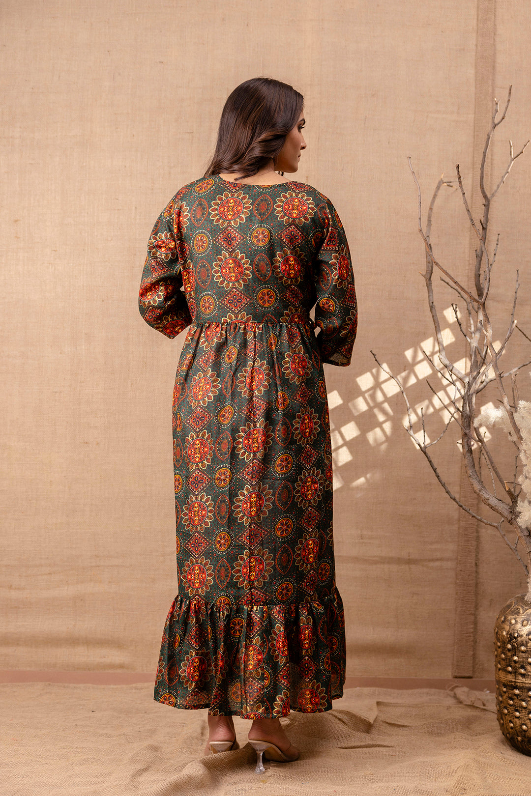 Women Green Printed Flared Maternity Dress | LASVINI - Redefining Indian Fashion with Elegance